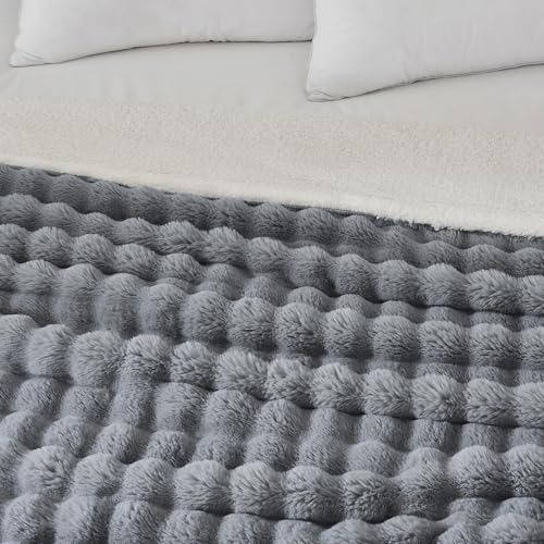 60x80 Inches Ultra-Soft Fuzzy Faux Fur Plush Twin Size Blanket - Thick, Warm Sherpa for Couch, Sofa, Bedroom, Camping - Decorative Blanket for Cozy Warmth, Bubble Grey - Image 5