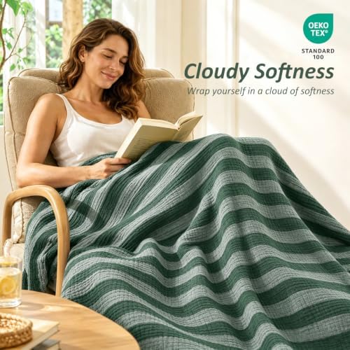 EMME Cotton Muslin Blanket Couch 4-Layer Breathable Gauze Soft Lightweight Bed Blankets Adults Forest Green Queen (90" x 90") - Image 4