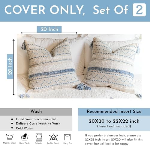 BlissBlush Decorative Throw Pillow Covers 20x20 Combo Set of 2 Square Coastal Blue Boho Accent Pillowcase Tassels Farmhouse Cushion for Couch Sofa Bedroom Living Room Home Décor Cover ONLY - Image 3