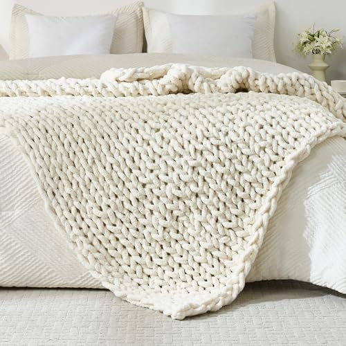 Bigacogo Chunky Knit Throw Blanket for Couch, 40x80 inches, Vintage White by Bigacogo