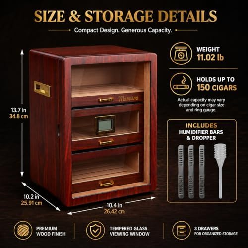 150-Count Ebony Cigar Humidor Cabinet with Digital Hygrometer,Gift - Image 3