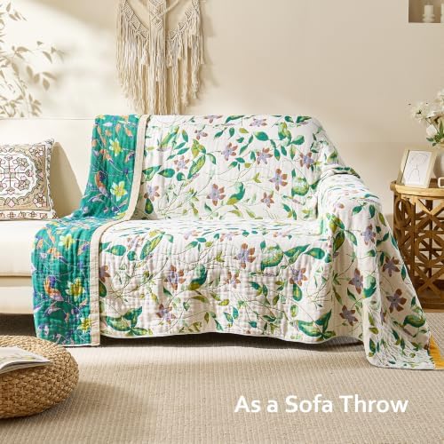 VANJOROY Boho Throw Blanket, 100% Organic Cotton Breathable Ultra Soft 91" x 108" King Bed Quilt Throw - All Season Floral Rustic Farmhouse Decor Luxury Blanket for Sofa Couch Chair - Image 3