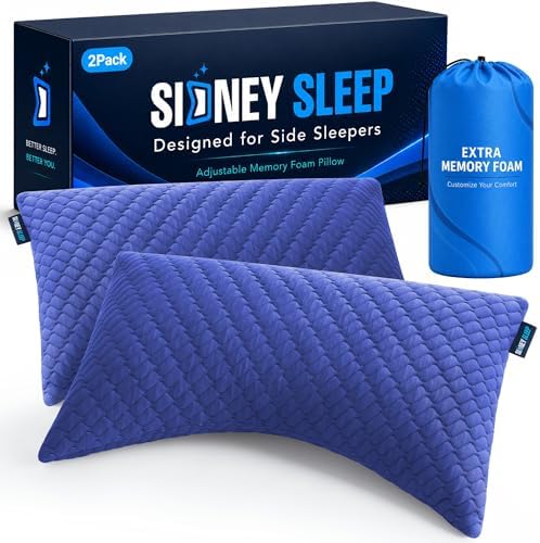 Sidney Sleep Set of 2 Queen Size Bed Pillows for Side and Back Sleepers - Adjustable Filling - Memory Foam Pillows for Neck and Shoulder Pain - Customizable Loft - Extra Foam Included (Blue) by SidneySleep