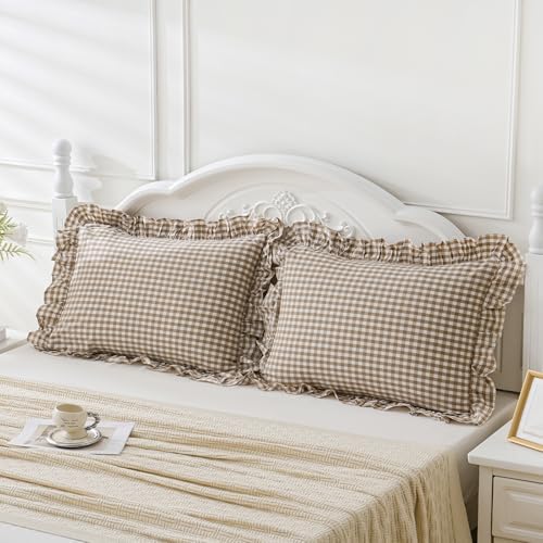 2 Pack Taupe White Plaid Gingham Ruffle Pillow Shams Standard Size 20"x26" - Image 2