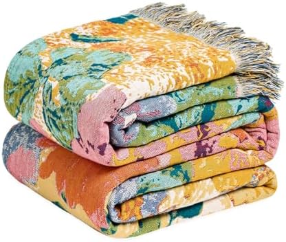 MSGKV Boho Throw Blanket 50"x60" Cotton Floral Blanket for Couch & Sofa by MSGKVHomeTextiles