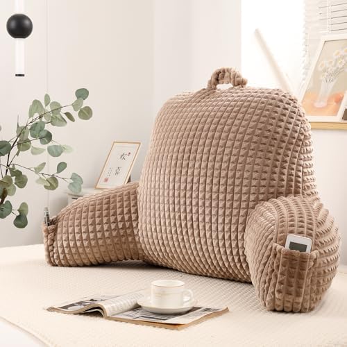 Reading Pillow with Arms for Sitting in Bed,Backrest,Khaki Flannel,M by PAJEO