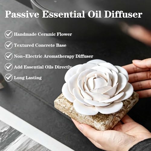 Ceramic Passive Essential Oil Diffuser, Aesthetic Desktop Handmade Flower & Concrete Base, Porcelain Aromatherapy Oils Diffuser for Home, Office, Yoga, Spa Room (White Camellia) - Image 3
