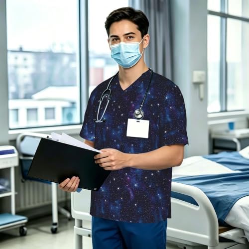Men's Scrub Top,V-Neck Spill Wrinkle Resistant,3 Pockets-Space Galaxy (19) - Image 3
