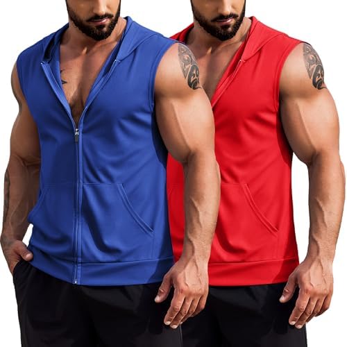 COOFANDY Men's Workout Hooded Tank Tops 2 Pack Zip Up Sleeveless Gym Shirts Muscle Cut Off T Shirt Bodybuilding Hoodies by COOFANDY