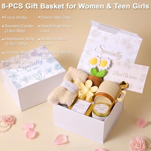 8PCS Birthday Gifts Box for Women Care Package Baskets for Women Hug in a Box Self Care Get Well Soon Gift Set for Mom Wife Girlfriend Sister Friends (White) - Image 2
