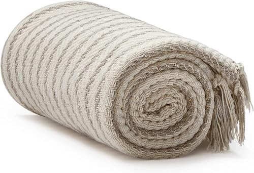 Americanflat 50x60 Throw Blanket - Soft and Breathable Cotton Throw Blanket for Couch, Bed, Chair - Decorative Blankets Perfect for Home, Office, or Outdoor Use - Cream and Beige Pinstripe Design by Americanflat