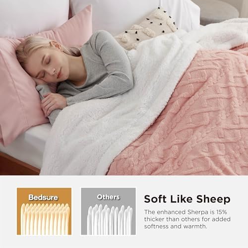 Bedsure Sherpa Fleece Blanket, Cable Jacquard Tufted, Warm, Dark Pink - Image 3