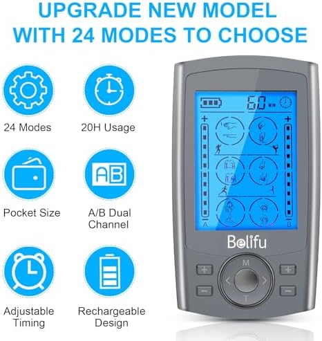 Belifu Dual Channel TENS EMS Unit 24 Modes Muscle Stimulator for Pain Relief Therapy, Electronic Pulse Massager Muscle Massager with 10 Pads, Dust-Proof Drawstring Storage Bag, Fastening Cable Ties - Image 3