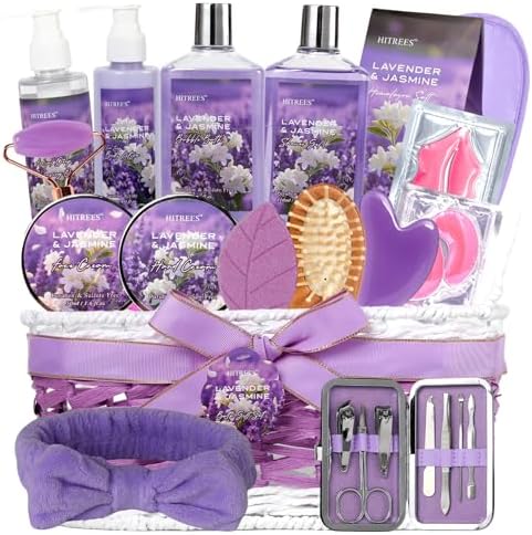24-Piece Luxury Body Gift Set for Women, Spa Gift Basket Set, Lavender Home Spa Gifts for Women With Face Rollar tool, Bubble Bath, Facial Care, Bomb, Oil, Facial Skin Care gift set for Mother Her by HITREES