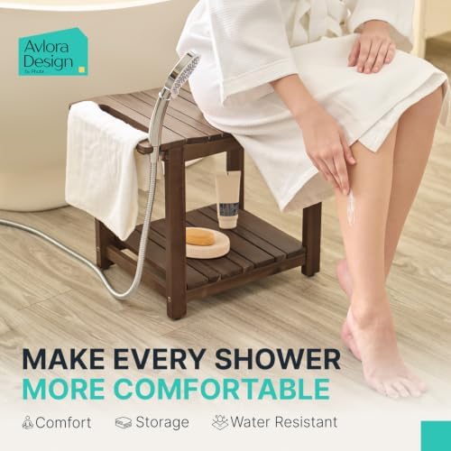 AVLORA Design 21" Premium Shower Bench with Built-in Handles - Walnut - Image 2