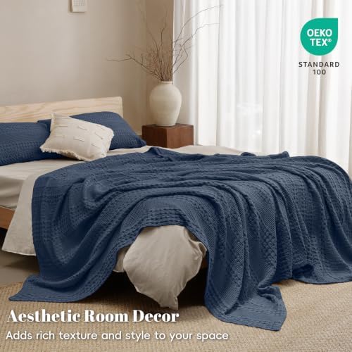 PHF Lightweight 100% Cotton Waffle Blanket for Bed, King, Indigo - Image 5