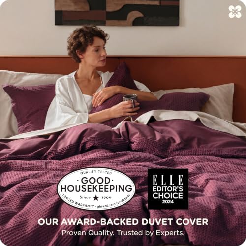 Bedsure PureWoven 3 Pieces Cotton Waffle Duvet Cover Set, King, Burgundy - Image 2