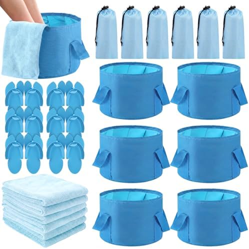 FillTouch 6 Sets Foldable Foot Bath Kit 15L Collapsible Foot Soaking Tub Bathroom Towels Women Adult Foldable Slippers with Storage Bag Spa Soak Pedicure Bath for Travel Camping(Sky Blue) by FillTouch