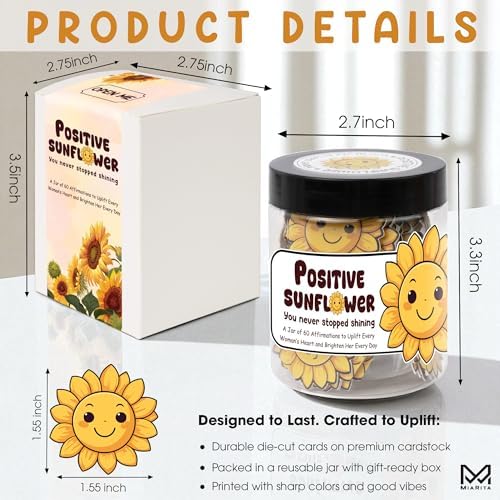 Positive Sunflower Jar, 60 Affirmation Cards for Women, Sunflower Gifts for Women, Wife, for Mom from Daughter, Son, Inspirational Gifts for Coworker, Boss, Relaxation Gifts - Image 2