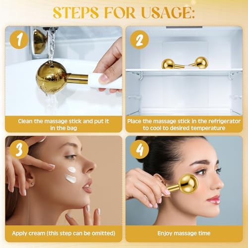 Baderke 2 Pcs Ice Globes for Face Stainless Steel Cooling Globes Unbreakable Cooling Roller Women Ice Balls Cryo Sticks Facials Skin Care for Dark Circles, Puffiness(Gold (White Handle)) - Image 3