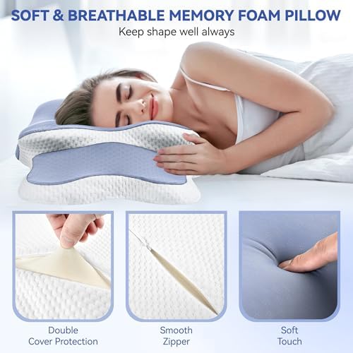 Cervical Pillow for Neck Pain Relief, A Cozy Night’s Sleep Ortho Memory Foam Bed Pillow, Neck and Shoulder Support for Side, Back & Stomach Sleepers, Lumbar Comfort Design (Blue/WHT) - Image 4