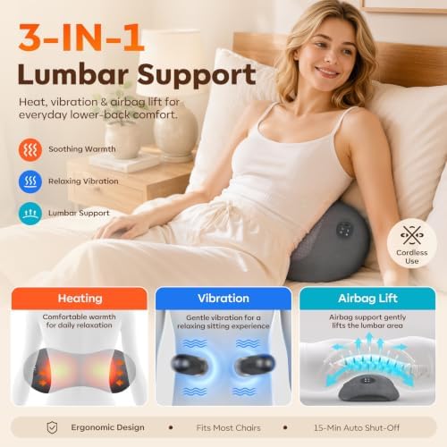 Smooth Triple Fusion Lumbar Back Massager – 3-in-1 Rechargeable Cordless Pillow: Heat, Vibration & Traction – Deep Tissue Pain Relief & Relaxation for Home & Office – Gift Idea - Image 2