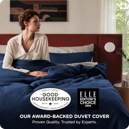 Bedsure PureWoven 3 Pieces 100% Cotton Waffle Weave Duvet Cover Set, Navy - Image 2