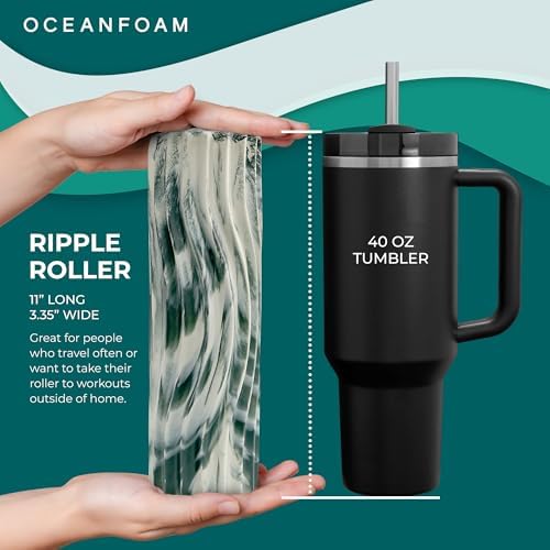 Oceanfoam Ripple Travel Foam Roller (11" x 3.35") Firm Mini Foam Roller for Physical Therapy, Deep Tissue Massage, Back Pain - High Density, Ergonomic Wave Textured - Yoga, Exercise (Hunter Marbled) - Image 2