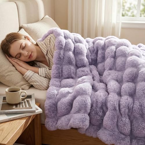 DREAMNINE Soft Faux Bubble Rabbit Fur Blanket Twin Size, Thick Cozy Decorative Warm Fuzzy Fur Blanket for Bed Couch Sofa Chair Bedroom Living Room Dorm Gift, 60 * 70 Inches, Lilac Purple by DREAMNINE