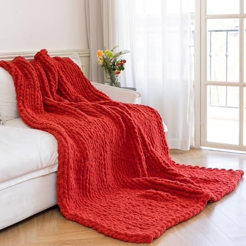 Chunky Knit Throw Blanket for Couch，50x60 Inches Wine red by Larexius