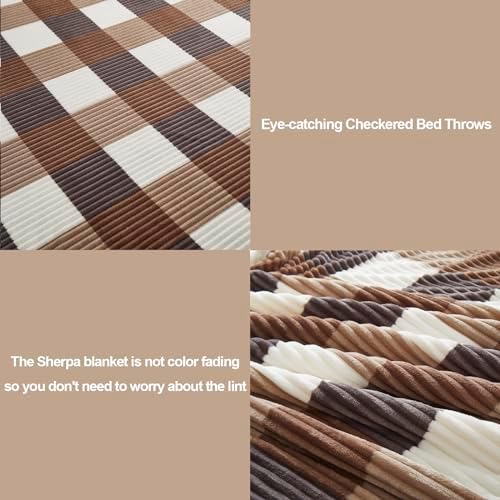 PU MEI Sherpa Blanket Full/Queen Plaid Thick Bed Blanket, 90”*80” Super Soft Flannel Fuzzy Fleece Reversible Velvet Plush Warm Blanket for Couch(Beige Check, 80"*90") - Image 3