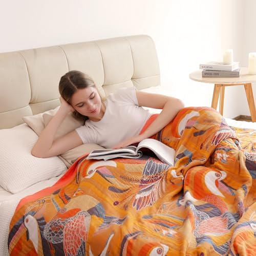 VANJOROY Boho Large Throw Blanket, 100% Organic Muslin Cotton Breathable Soft Bed Throw - Floral Bird Farmhouse Decor Blanket for Sofa Couch Chair Quilt and Gift. 80" x 90"- Colorful - Image 2