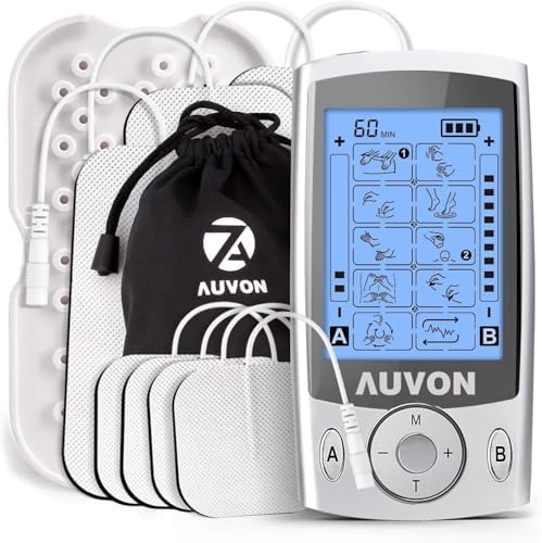 AUVON Dual Channel TENS Unit Muscle Stimulator Machine with 20 Modes, 2" and 2"x4" TENS Unit Electrode Pads by AUVON