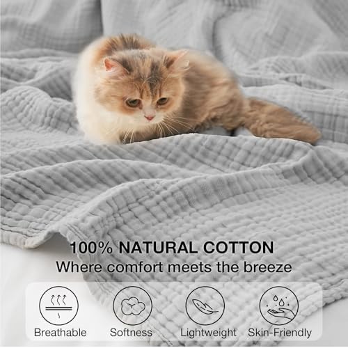 100% Cotton Muslin Blanket California King 120" x 90", 6 Layers Breathable and Lightweight Oversized Blankets for Bed, Soft Cooling Gauze Blanket for Adults All Season, Light Grey - Image 7