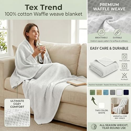 Tex Trend 100% Cotton Waffle Weave Blanket Queen Size - Soft, Breathable Cooling Blanket for Bed, Lightweight Cozy Summer & Spring Bedding, White, 90x90 - Image 2