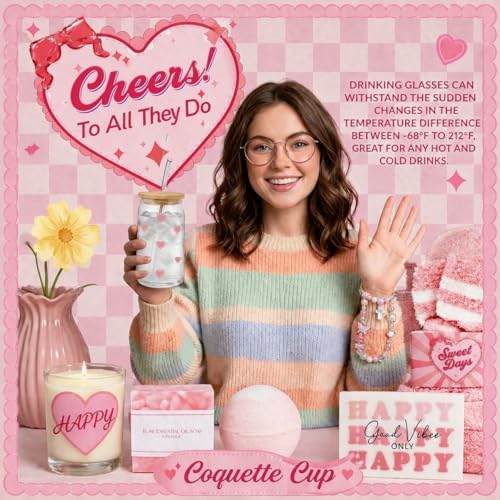 Gift Baskets for Women 9pcs Pink Birthday Gifts for Teen Girls Sweet Gift Box Glass Cup Trendy Self Care Stuff for Her Sister Best Friend Girlfriend Sweet 16th 18th 21st Bday Mothers Day - Image 3