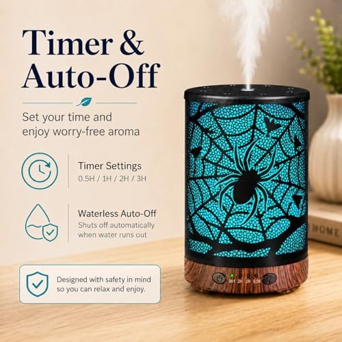 Essential Oil Diffuser 120ML Metal Aromatherapy Diffuser with Timer, Cool Mist Humidifier with Auto Shut-Off & 7 Color Lights for Home Office Spa (Spider Web) - Image 5