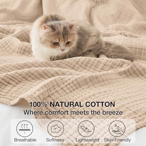 100% Cotton Muslin Blanket California King 120" x 90", 6 Layers Breathable and Lightweight Oversized Blankets for Bed, Soft Cooling Gauze Blanket for Adults All Season, Beige - Image 6