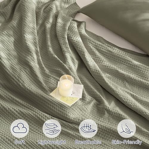 PHF Lightweight Waffle Weave Blanket Queen Size 90"x 90", Soft Woven Summer Blanket for Hot Sleepers - Aesthetic Home Decor for Couch Bed Sofa, Pet Friendly, Dusty Sage - Image 2