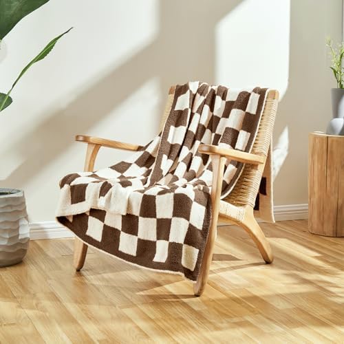 CozeCube Brown White Reversible Checkered Knit Throw Blanket 50"x60" - Image 2
