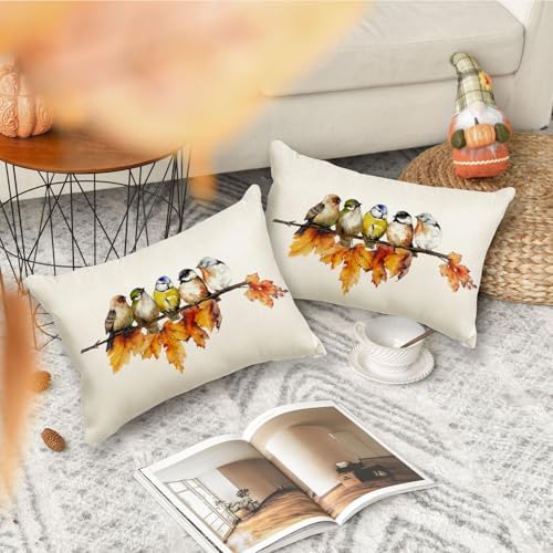 RABUSOFA Fall Pillow Covers 12x20 Inch Bird Autumn Decorations for Home Outdoor Thanksgiving Decor Maple Leaf Decorative Lumbar Throw Pillow Cases Farmhouse for Couch Sofa - Image 3