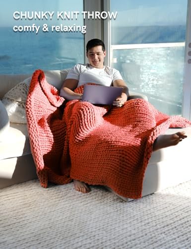 YnM Chunky Throw Blanket, Medium-Weight, Hand Knitted, Skin Friendly, Ventilated and Breathable, Machine Washable, Home Décor Piece for Couch, Sofa and Bed (Exotic Orange, 50x70 Inch) - Image 3