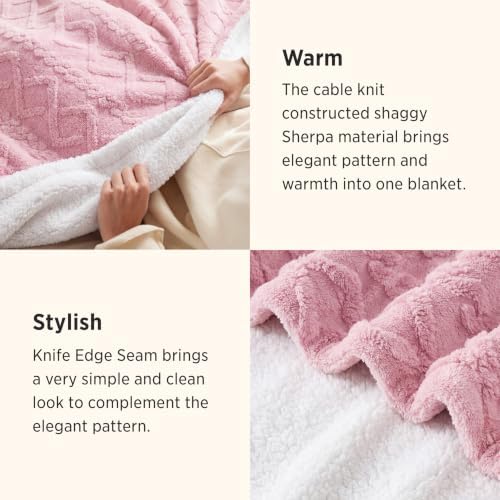 Bedsure Sherpa Fleece Blanket, Cable Jacquard Tufted, Warm, Pink, Throw - Image 3