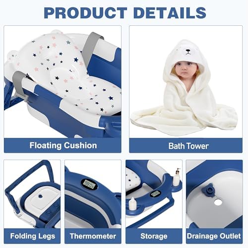 MoreFeel Collapsible Baby Bathtub for Newborn with Thermometer & 1 Soft Floating Cushion & 1 Bath Net,Portable Travel Bathtub with Drain Hole, Durable Foldable Baby Tubs for Infants to Toddler - Image 5