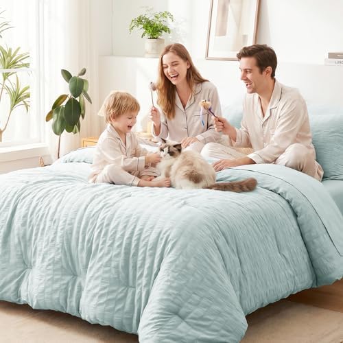 CozyLux Queen Comforter Set, 7 Pieces Ice Blue Seersucker Bed in a Bag - Image 7