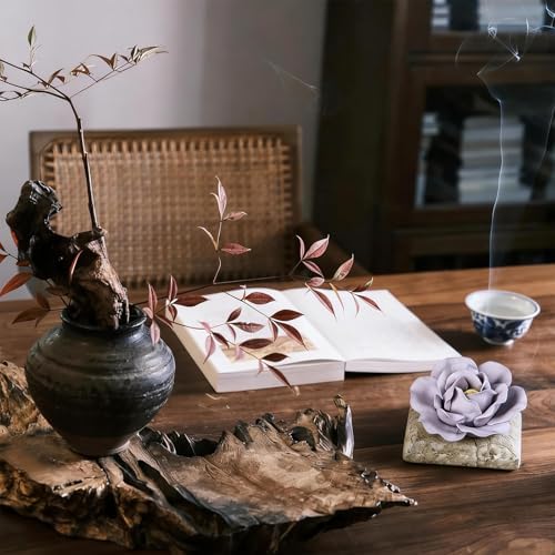 Ceramic Passive Essential Oil Diffuser, Aesthetic Desktop Handmade Flower & Concrete Base, Porcelain Aromatherapy Oils Diffuser for Home, Office, Yoga, Spa Room (Purple Peony) - Image 2