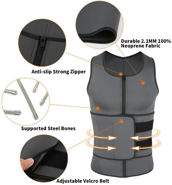 SHAPERIN Men Neoprene Sauna Zipper Waist Trainer Vest Tank Top Trimmer Body Shaper - Image 6