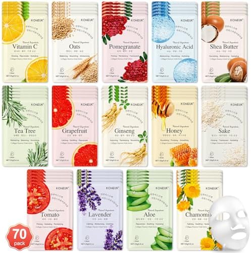 70 Pack Sheet Face Masks Skincare, Hydrating Facial Mask for Dry Oily Skin by KONEUK