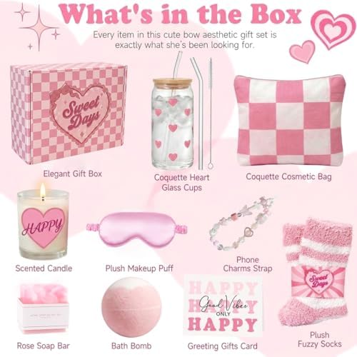 Gift Baskets for Women 9pcs Pink Birthday Gifts for Teen Girls Sweet Gift Box Glass Cup Trendy Self Care Stuff for Her Sister Best Friend Girlfriend Sweet 16th 18th 21st Bday Mothers Day - Image 2