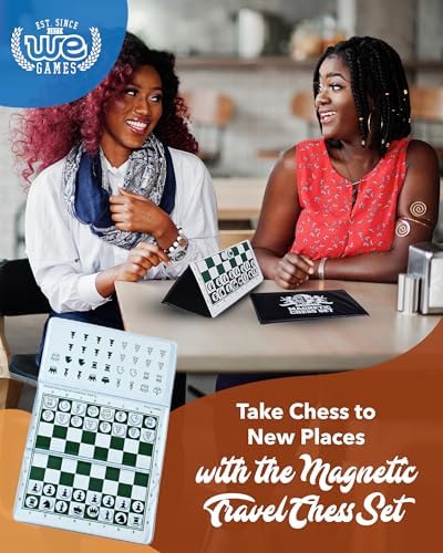 WE Games Mini Magnetic Travel Chess Set – 10-Inch Foldable Board with Durable Vinyl Pieces & Extra Queens– Indoor & Outdoor Magnetic Chess Game - White Logo - Image 2
